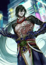 Rule 34 | 1boy, artist name, bare pectorals, black hair, chest tattoo, cityscape, cowboy shot, dragon tattoo, fate/grand order, fate (series), flower tattoo, full-body tattoo, gauntlets, green eyes, hair between eyes, highres, koshika rina, long hair, long sleeves, looking at viewer, male focus, open mouth, pants, pectorals, ponytail, rope around neck, smile, solo, tattoo, toned, toned male, topless male, very long hair, watermark, yan qing (fate)
