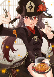 Rule 34 | 1girl, absurdres, black nails, blush, brown hair, bug, butterfly, chopsticks, flower, flower-shaped pupils, food, genshin impact, ghost, hands up, hat, hat flower, highres, holding, holding chopsticks, hu tao (genshin impact), imomochi, insect, licking lips, linreplica, long hair, nail polish, plate, plum blossoms, porkpie hat, red eyes, short shorts, shorts, sitting, solo, symbol-shaped pupils, thighs, tongue, tongue out, twintails