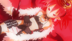Rule 34 | 1girl, cape, crown, demon girl, disgaea, elbow gloves, etna (disgaea), flat chest, gloves, harada takehito, miniskirt, pointy ears, red eyes, red hair, red theme, skirt, solo, tail, thighhighs