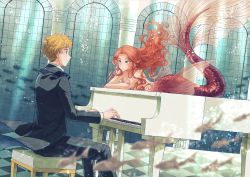 Rule 34 | 1boy, 1girl, absurdres, black jacket, black necktie, black pants, blonde hair, blue eyes, brown hair, chair, checkered floor, closed mouth, clothed male nude female, commentary request, completely nude, fantasy, fins, formal, green eyes, head fins, highres, instrument, jacket, long hair, long sleeves, lying, mermaid, monster girl, music, necktie, nude, on stomach, original, pants, piano, playing instrument, playing piano, pointy ears, purpleboots, shirt, short hair, sitting, smile, suit, underwater, white shirt