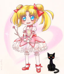 Rule 34 | 1girl, :3, artist name, bishoujo senshi sailor moon, black cat, blonde hair, blue eyes, bow, bow (weapon), cat, cosplay, crossover, double bun, gloves, hair bun, hair ribbon, kaname madoka, kaname madoka (cosplay), kyubey, luna (sailor moon), magical girl, mahou shoujo madoka magica, mahou shoujo madoka magica (anime), next lvl, open mouth, red bow, red eyes, ribbon, seguchi-sama, sitting, smile, standing, tsukino usagi, twintails, weapon, white gloves