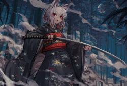 Rule 34 | 1girl, animal ears, bee (deadflow), blush, facing viewer, forest, fox ears, fox tail, holding, holding sword, holding weapon, japanese clothes, katana, kimono, makeup, nature, open mouth, original, red eyes, sketch, solo, sword, tail, weapon, white hair