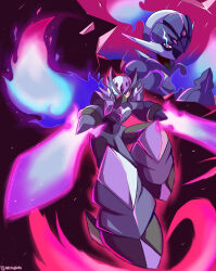 Rule 34 | 1boy, 1other, android, arm blade, armor, ceruledge, commentary, creatures (company), crossover, energy sword, english commentary, fiery hair, fire, flaming eye, flaming sword, flaming weapon, forehead jewel, full body, fusion, game freak, highres, m11xgirby, male focus, mega man (series), mega man x (series), nintendo, pokemon, pokemon (creature), purple armor, purple fire, purple hair, purple helmet, shoulder armor, sword, twitter username, weapon, zero (mega man)