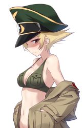 Rule 34 | 1girl, bikini, blonde hair, breasts, brown bikini, brown eyes, brown jacket, cleavage, closed mouth, clothes pull, commentary, erwin (girls und panzer), girls und panzer, goggles, goggles on headwear, green hat, groin, halterneck, hands in pockets, hat, highres, holding, jacket, jacket pull, kuzuryuu kennosuke, long sleeves, looking at viewer, medium breasts, military hat, military jacket, navel, off shoulder, open clothes, open jacket, peaked cap, pointy hair, short hair, simple background, smile, solo, swimsuit, upper body, white background