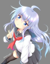 Rule 34 | 1girl, absurdres, ahoge, anchor symbol, black sailor collar, black skirt, black thighhighs, blue eyes, blue hair, blush, commentary request, fingernails, grey background, hair between eyes, hand up, hibiki (kancolle), highres, kantai collection, long hair, long sleeves, looking at viewer, neckerchief, no headwear, parted lips, pleated skirt, red neckerchief, sailor collar, shirt, simple background, skirt, solo, tamayan, thighhighs, twitter username, v, very long hair, white shirt