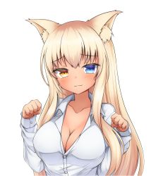 Rule 34 | 1girl, :3, absurdres, animal ears, blonde hair, blouse, blue eyes, blush, breasts, brown eyes, cat ears, cat girl, cleavage, closed mouth, coconut (nekopara), collared shirt, commentary, commission, dot nose, english commentary, heterochromia, highres, klaius, large breasts, long hair, long sleeves, looking at viewer, nekopara, paw pose, shirt, simple background, smile, solo, upper body, white background, white shirt, wing collar