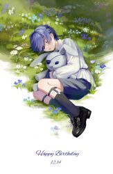 Rule 34 | 1boy, absurdres, child, chinese commentary, ciel phantomhive, commentary request, flower, happy birthday, highres, hugging object, kuroshitsuji, long sleeves, lying, male focus, sleeping, solo, stuffed animal, stuffed rabbit, stuffed toy, thigh strap, yeziiaa