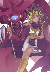 Rule 34 | 1boy, absurdres, blonde hair, cape, closed mouth, commentary request, duel monster, egyptian, highres, holding, holding sword, holding weapon, jewelry, looking at viewer, male focus, maruchi, millennium eye, millennium puzzle, multicolored hair, necklace, osiris the sky dragon, pointy hair, purple cape, purple eyes, purple hair, robe, spiked hair, standing, sword, weapon, yami yugi, yu-gi-oh!