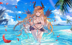 Rule 34 | 1girl, bikini, bird, black choker, black wings, blonde hair, blue sky, breasts, choker, cleavage, cloud, cloudy sky, commentary, dark angel olivia, day, feathered wings, feathers, flower, frilled bikini, frills, gluteal fold, granblue fantasy, hair flower, hair ornament, hand in own hair, highres, horns, large breasts, long hair, looking at viewer, navel, niii, ocean, olivia (summer) (granblue fantasy), open mouth, outdoors, palm tree, red eyes, red flower, sky, smile, solo, sparkle, splashing, spread wings, standing, swimsuit, thigh gap, tree, very long hair, wet, white bikini, wings