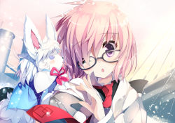Rule 34 | 1girl, ;o, animal, animal ears, animal on shoulder, black-framed eyewear, collared shirt, commentary request, creature, day, fate/grand order, fate (series), female focus, fou (fate), glasses, hair between eyes, hand up, head tilt, hood, hoodie, light purple hair, looking to the side, mash kyrielight, necktie, one eye closed, outdoors, pink hair, purple eyes, red necktie, shimesaba kohada, shirt, short hair, snowing, solo, sunlight, tower, upper body, wind