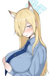 Rule 34 | 1girl, absurdres, animal ears, blonde hair, blue archive, blue eyes, blush, breasts, hair ornament, hair over one eye, halo, hibanachiku, highres, kanna (blue archive), large breasts, long hair, looking at viewer, necktie, parted lips, simple background, solo, sweatdrop, tie clip, white background