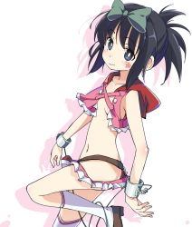 Rule 34 | 1girl, black hair, blue eyes, blush, bow, closed mouth, cuffs, flat chest, hair bow, hip vent, ixy, kneehighs, kunihiro hajime, looking at viewer, navel, no panties, ponytail, revealing clothes, saki (manga), shiny skin, shoes, short hair, simple background, skirt, socks, solo, standing, standing on one leg, star (symbol), white background, white socks