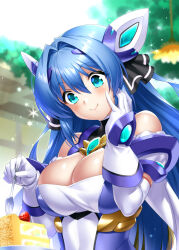 Rule 34 | 1girl, :t, aqua eyes, bare shoulders, blue hair, blurry, blurry background, blush, breasts, cake, cake slice, cleavage, closed mouth, commentary request, commission, day, eating, exs-tia, eyelashes, eyes visible through hair, food, fork, gloves, hair between eyes, hair intakes, hand on own cheek, hand on own face, hand up, happy, highres, holding, holding fork, katsuragi marina, kouyoku senki exs-tia, large breasts, lips, long hair, looking at food, looking down, outdoors, second-party source, shiny skin, skeb commission, smile, snowflakes, solo, two side up, upper body, very long hair, white gloves, zen (kamuro)