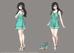 Rule 34 | 1girl, aged down, aqua dress, arms at sides, bare shoulders, black hair, closed mouth, collarbone, commentary request, concept art, crossed arms, dress, final fantasy, final fantasy vii, final fantasy vii remake, from behind, full body, grey background, kodomo no hi, long hair, looking at viewer, looking back, multiple views, official art, open mouth, red eyes, roberto ferrari, sandals, smile, square enix, standing, sundress, teeth, tifa lockhart, upper teeth only