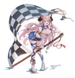 Rule 34 | 1girl, asymmetrical footwear, ayacho, bare shoulders, blue eyes, blue shirt, blue skirt, blush, braid, breasts, checkered flag, cleavage, draph, elbow gloves, flag, gloves, granblue fantasy, hair ornament, hair over one eye, highres, holding, holding sword, holding weapon, horns, katana, large breasts, long hair, looking at viewer, narmaya (granblue fantasy), navel, open mouth, pointy ears, purple hair, race queen, shirt, skirt, smile, solo, sword, thigh strap, thighhighs, very long hair, weapon