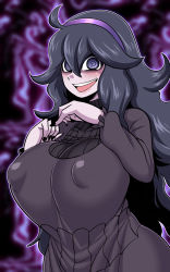 Rule 34 | 1girl, @ @, ahoge, alternate breast size, amazon (taitaitaira), black hair, black nails, blurry, blurry background, blush, breast suppress, breasts, covered erect nipples, creatures (company), dress, game freak, grin, hairband, hex maniac (pokemon), highres, huge breasts, long hair, messy hair, nail polish, nintendo, outline, pokemon, pokemon xy, puffy nipples, purple headwear, smile, solo, turtleneck, turtleneck dress, very long hair, white outline