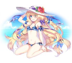 Rule 34 | 1girl, aqua eyes, arm ribbon, bare shoulders, barefoot, bikini, blonde hair, blue eyes, blush, bow, breasts, cleavage, floating hair, flower, full body, hair bow, hair over one eye, hair ribbon, hat, hat ribbon, hibiscus, long hair, looking at viewer, navel, ocean, open mouth, pandora (p&amp;d), puzzle &amp; dragons, ribbon, shouni (sato3), side-tie bikini bottom, sitting, small breasts, smile, solo, swimsuit, very long hair, wariza