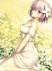Rule 34 | 1girl, bare shoulders, blurry, bokeh, breasts, bright pupils, choker, cleavage, depth of field, dress, dutch angle, fate/grand order, fate (series), field, flower, flower field, from side, gloves, hair flower, hair ornament, hair over one eye, highres, kawanakajima, lace, lace-trimmed dress, lace trim, looking at viewer, mash kyrielight, mash kyrielight (formal dress), medium breasts, official alternate costume, outdoors, parted lips, petals, pink hair, purple eyes, ribbon choker, short hair, sitting, solo, strapless, strapless dress, wariza, white background, white gloves