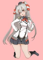 Rule 34 | 1girl, agu, amatsukaze (kancolle), black legwear, blush, cosplay, epaulettes, gloves, hair tubes, twirling hair, hand on own hip, kantai collection, kashima (kancolle), kashima (kancolle) (cosplay), kneeling, long hair, looking at viewer, miniskirt, open mouth, silver hair, sketch, skirt, solo, twintails, two side up, uniform, white gloves