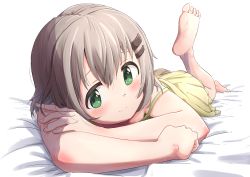 Rule 34 | 1girl, absurdres, barefoot, bed sheet, blush, collarbone, commentary request, dress, eyebrows hidden by hair, feet, feet up, green eyes, hair ornament, hairclip, highres, kohshibasaki, looking at viewer, lying, on bed, on stomach, short hair, simple background, smile, soles, solo, toes, white background, yama no susume, yellow dress, yukimura aoi
