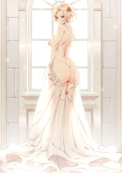 Rule 34 | 1girl, ass, blonde hair, blue eyes, breasts, bride, butt crack, commentary, dress, duplicate, flower, hair flower, hair ornament, hasumi (kinhasu), kinhasu, large breasts, looking at viewer, nipples, original, rose, short hair, smile, undressing, wall, wedding dress, window