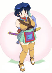 Rule 34 | 1girl, bare shoulders, blue hair, blush, breasts, commentary request, cosplay, curvy, female focus, fingerless gloves, food, fruit, full body, gloves, gourd, headband, highres, large breasts, looking at viewer, mage (harumagedon), open mouth, peach, ranma 1/2, scabbard, sheath, sheathed, short hair, skirt, smile, solo, standing, sword, tendou akane, thick thighs, thighhighs, thighs, touma (cosplay), touma (ranma 1/2), touma (ranma 1/2) (cosplay), weapon, wide hips