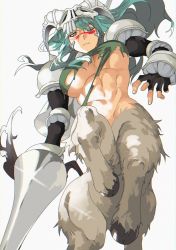 Rule 34 | 1girl, abs, armor, arrancar, black gloves, bleach, breasts, centaur, closed mouth, crop top, crop top overhang, elbow gloves, facial mark, fingerless gloves, floating hair, gauntlets, gift, glint, gloves, green eyes, green hair, green shirt, hair between eyes, highres, holding, holding gift, horse tail, lance, large breasts, long hair, looking at viewer, monster girl, multiple legs, navel, nelliel tu odelschwanck, polearm, rearing, sagami jon, shirt, shoulder armor, sidelocks, simple background, skull, skull on head, solo, standing, stomach, tail, taur, torn clothes, torn shirt, underboob, weapon, white background