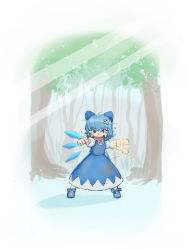 Rule 34 | 1girl, angry, bad id, bad pixiv id, bandages, bandaid, blue dress, blue eyes, blue hair, bow, cirno, dirty, dirty clothes, dress, forest, hair bow, ice, ice wings, light rays, looking at viewer, mary janes, matching hair/eyes, motion blur, nature, okahi, open mouth, pointing, pointing at viewer, puffy short sleeves, puffy sleeves, shirt, shoes, short sleeves, skirt, solo, sunbeam, sunlight, tears, teeth, torn clothes, torn shirt, torn skirt, touhou, tree, wings
