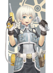 Rule 34 | 1girl, belt, blue eyes, braid, drill, dual wielding, female focus, gloves, hand drill, holding, k+, power drill, power tool, solo, standing, tools, twin braids, utility belt, white hair, wrench, zipper