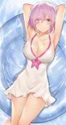 Rule 34 | 1girl, armpits, bare arms, bare shoulders, blush, bow, bow swimsuit, breasts, casual one-piece swimsuit, cleavage, commentary request, dress swimsuit, eyes visible through hair, fate/grand order, fate (series), from above, hair over one eye, halterneck, highres, horz, innertube, large breasts, light purple hair, looking at viewer, lying, mash kyrielight, mash kyrielight (swimsuit of perpetual summer), official alternate costume, on back, one-piece swimsuit, pink bow, purple eyes, shiny skin, short hair, sideboob, swim ring, swimsuit, wading, water, white one-piece swimsuit
