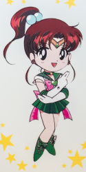 Rule 34 | 1girl, back bow, bishoujo senshi sailor moon, boots, bow, brooch, brown hair, chibi, choker, cross-laced footwear, diadem, dot nose, earrings, elbow gloves, female focus, full body, gloves, green choker, green footwear, green sailor collar, green skirt, hair bobbles, hair ornament, hand up, happy, jewelry, legs together, leotard, looking at viewer, magical girl, miniskirt, official art, open mouth, pink bow, pleated skirt, ponytail, sailor collar, sailor jupiter, sailor senshi uniform, school uniform, serafuku, short sleeves, simple background, skirt, smile, solo, standing, star (symbol), star choker, tagme, tiara, white gloves, white leotard