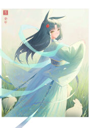 Rule 34 | 1girl, absurdres, animal ear fluff, animal ears, aqua dress, black hair, blunt bangs, closed mouth, day, dress, flower, from side, grass, hair flower, hair ornament, highres, long sleeves, looking at viewer, looking to the side, original, outdoors, parted bangs, rabbit, rabbit ears, red flower, solo, standing, wide sleeves, yellow eyes, yinghuahua
