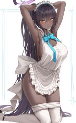 Rule 34 | 1girl, absurdres, alternate hairstyle, apron, aqua bow, aqua bowtie, armpits, arms up, biya (1024), black footwear, black hair, blue archive, blush, bow, bowtie, breasts, cleavage, clothes pull, dark-skinned female, dark skin, halo, highres, karin (blue archive), kneeling, large breasts, long hair, maid, maid headdress, naked apron, pantyhose, pantyhose pull, ponytail, simple background, solo, sweat, very long hair, white apron, white background, white pantyhose, yellow eyes