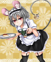 Rule 34 | 1girl, alternate costume, animal ears, apron, basket, bent over, black dress, black thighhighs, cheesecake, daichi (tokoya), dress, enmaided, feeding, female focus, food, fork, garter straps, grey hair, hairband, highres, incoming food, lolita hairband, looking at viewer, maid, maid apron, mouse (animal), mouse ears, mouse tail, nazrin, plate, puffy short sleeves, puffy sleeves, red eyes, shirt, short sleeves, smirk, solo, tail, thighhighs, tokoya, touhou, tray, waist apron, zettai ryouiki