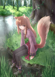 Rule 34 | 00s, 1girl, animal ears, anklet, barefoot, brown hair, day, errant, female focus, forest, highres, holo, jewelry, long hair, nature, outdoors, pond, red eyes, ripples, river, sitting, soaking feet, solo, spice and wolf, tail, tree, water, wolf ears, wolf tail