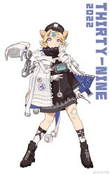 Rule 34 | 1girl, 39 bukun, black dress, black footwear, black hat, blonde hair, blue eyes, chinese commentary, closed mouth, coat, commentary request, cross-shaped pupils, double bun, dress, english text, full body, gauze on knee, gloves, hair bun, hat, high collar, highres, kneehighs, monocle, original, peaked cap, shoes, short hair, simple background, smile, socks, solo, standing, symbol-shaped pupils, v, weibo watermark, white background, white coat, white gloves, white socks