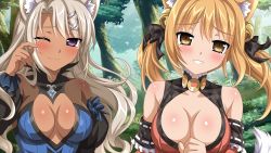 Rule 34 | 2girls, ;), animal ears, bare shoulders, bell, blonde hair, blush, body blush, bow, breasts, bush, cleavage, cleavage cutout, clothing cutout, cross-laced clothes, dark-skinned female, dark skin, detached sleeves, forest, fox ears, fox tail, frills, game cg, gem, grass, greeze18, grin, hair bell, hair bow, hair ornament, hair ribbon, hairclip, halterneck, head tilt, jingle bell, large breasts, light smile, long hair, looking at viewer, multiple girls, nature, navel, no bra, one eye closed, open mouth, outdoors, parted bangs, puffy detached sleeves, puffy sleeves, raised eyebrows, ribbon, ribbon trim, sakura spirit, sakurano machiko, sakurano maeko, siblings, silver hair, sisters, smile, standing, tail, tears, turtleneck, twintails, upper body, wanaca, wavy hair, winged cloud, wiping tears