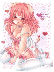 Rule 34 | 10s, 1girl, 2013, animal ears, babydoll, bare shoulders, belly, blunt bangs, blush, body blush, bow, braid, breasts, cleavage, collarbone, covered erect nipples, dated, detached collar, full body, garter straps, hair bow, hair ribbon, happy birthday, heart, lace, lace-trimmed legwear, lace trim, large breasts, lingerie, long hair, looking at viewer, nipples, no shoes, nose blush, original, panties, pig ears, pig tail, pink eyes, pink hair, pink panties, plump, ribbon, see-through, shira (kunseitamago), short hair, side-tie panties, sitting, smile, solo, strap gap, strap slip, tail, tail bow, tail ornament, thighhighs, tonko (shira), twin braids, underwear, v arms, wariza, white thighhighs
