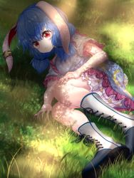 Rule 34 | 1girl, animal ears, asymmetrical footwear, bloomers, blue dress, blue hair, boots, crescent print, cross-laced footwear, dappled sunlight, dress, earclip, grass, hand on own thigh, highres, kayon (touzoku), looking at viewer, low twintails, lying, on grass, on ground, on side, parted lips, puffy short sleeves, puffy sleeves, rabbit ears, rabbit tail, red eyes, seiran (touhou), short hair, short sleeves, solo, star (symbol), star print, sunlight, tail, tearing up, touhou, twintails, two-tone footwear, underwear, uneven footwear
