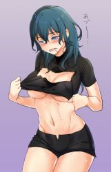 Rule 34 | 1girl, asao (vc), black shorts, blue eyes, blue hair, blush, breasts, byleth (female) (fire emblem), byleth (fire emblem), cleavage, cleavage cutout, clothing cutout, commentary request, fire emblem, fire emblem: three houses, large breasts, medium breasts, midriff, navel, nintendo, open mouth, short shorts, short sleeves, shorts, simple background, solo, sweat, underboob