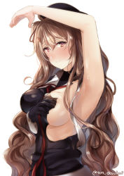 Rule 34 | 1girl, arm up, armpits, bad id, bad pixiv id, black gloves, black serafuku, breasts, brown eyes, covering privates, covering breasts, gloves, hair down, hair ribbon, heterochromia, juurouta, kantai collection, large breasts, light brown hair, long hair, looking at viewer, murasame (kancolle), neckerchief, ribbon, school uniform, serafuku, sideboob, simple background, solo, torn clothes, twitter username, upper body, white background