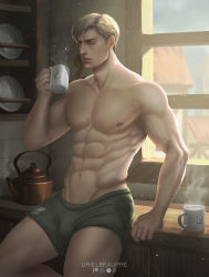 Rule 34 | 1boy, abs, artist name, bara, blonde hair, blue eyes, boxers, cup, erwin smith, green male underwear, highres, holding, holding cup, indoors, large pectorals, male focus, male underwear, muscular, muscular male, navel, nipples, parted lips, pectorals, shingeki no kyojin, short hair, sideburns, solo, sunlight, topless male, underwear, urielbeaupre15, window