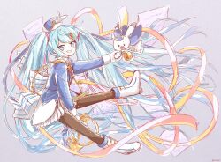 Rule 34 | 1girl, animal, band uniform, black pantyhose, blue eyes, blue hair, blue headwear, blue jacket, blue ribbon, blue skirt, boots, epaulettes, floating hair, french horn, full body, gloves, grey background, grin, hair ribbon, hashtag-only commentary, hat feather, hatsune miku, highres, holding, holding hands, holding instrument, instrument, instrument hair ornament, jacket, light blue hair, long hair, looking at viewer, mini shako cap, miniskirt, outstretched arm, pantyhose, pleated skirt, rabbit, rabbit yukine, ribbon, seomin, sketch, skirt, smile, solo, striped ribbon, twintails, twitter username, very long hair, vocaloid, white gloves, white ribbon, white skirt, yuki miku, yuki miku (2020)