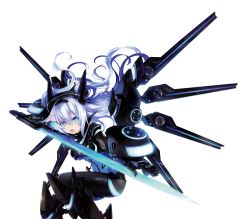 Rule 34 | 10s, 1girl, black heart (neptunia), blue eyes, bodysuit, breasts, gauntlets, hair between eyes, headgear, highres, holding, holding weapon, long hair, looking at viewer, mechanical wings, neptune (series), next black, noire (neptunia), open mouth, power symbol, power symbol-shaped pupils, shin jigen game neptune vii, simple background, solo, sword, symbol-shaped pupils, tsunako, very long hair, visor, weapon, white background, white hair, wings
