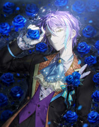 Rule 34 | 1boy, aqua hair, ascot, black background, black jacket, black pants, blue ascot, blue flower, blue rose, boutonniere, commentary, expressionless, flower, hk (wgyz7222), holding, holding flower, jacket, junpaku no anata e chikai no uta wo! (project sekai), kamishiro rui, looking at viewer, lying, male focus, multicolored hair, on back, pants, parted lips, project sekai, purple hair, purple vest, rose, shirt, sidelocks, simple background, solo, streaked hair, striped clothes, striped shirt, suit jacket, upper body, vest, white shirt, yellow eyes