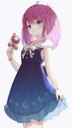 Rule 34 | 1girl, absurdres, ahoge, blue dress, blush, bow, bracelet, closed mouth, commentary, crescent, crown, dress, frilled dress, frills, green eyes, grey background, hair between eyes, hand up, heterochromia, highres, himemori luna, himemori luna (sundress), holding, hololive, jewelry, kinsuke z, looking at viewer, md5 mismatch, mini crown, off-shoulder dress, off shoulder, pink hair, purple eyes, resolution mismatch, simple background, smile, solo, source smaller, star (symbol), tilted headwear, virtual youtuber, white bow