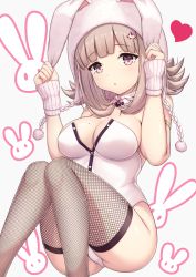 Rule 34 | 1girl, animal ears, animal hat, arata (xin), ass, blush, breasts, brown hair, cleavage, commentary request, danganronpa (series), danganronpa 2: goodbye despair, fake animal ears, fishnet thighhighs, fishnets, flipped hair, hair ornament, hairclip, hat, highres, large breasts, leotard, long hair, looking at viewer, mole, mole on breast, nanami chiaki, official alternate costume, pink eyes, playboy bunny, rabbit ears, rabbit girl, rabbit hat, solo, thighhighs
