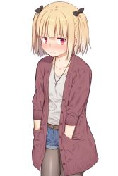 Rule 34 | 1girl, belt, black pantyhose, blonde hair, blue shorts, bow, brown belt, closed mouth, commentary, cross, cross necklace, denim, denim shorts, frown, hair bow, hands in pockets, iijima yun, jacket, jewelry, looking to the side, mikazuchi zeus, necklace, new game!, open clothes, open jacket, pantyhose, red eyes, red jacket, shirt, shorts, simple background, solo, standing, unbuttoned, white background, white shirt