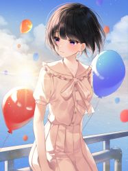 Rule 34 | 1girl, absurdres, against railing, balloon, black hair, blush, closed mouth, collarbone, cowboy shot, day, dress, frilled shirt collar, frills, highres, huge filesize, lens flare, looking away, looking to the side, myowa, ocean, original, outdoors, pink dress, pleated dress, purple eyes, railing, short hair, short sleeves, solo, sun, sunlight, water
