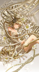 Rule 34 | 1girl, bare shoulders, blonde hair, bone, braid, braided ponytail, choker, collarbone, commentary request, crown braid, crystal, detached sleeves, dress, flower, gold trim, gradient background, grey background, hair ornament, head tilt, highres, keiko (mitakarawa), knees up, long hair, looking at viewer, original, parted lips, petals, reclining, short hair, side braid, skeleton, solo, strapless, strapless dress, very long hair, white dress, yellow eyes
